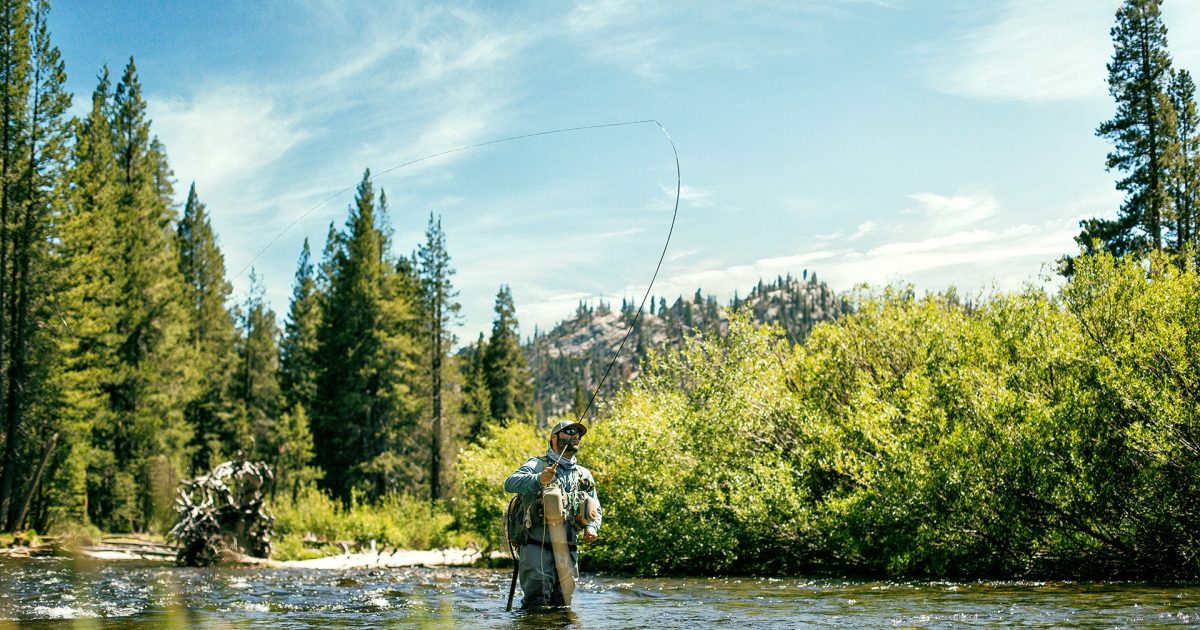 Man with backpack casting fly fishing pole below sunny trees Stock